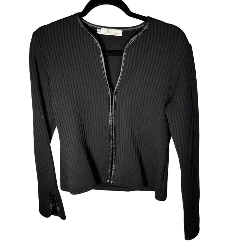 Rayure Paris Vintage Ribbed Faux Leather Hem Cardigan Sweatshirt Top Size Large